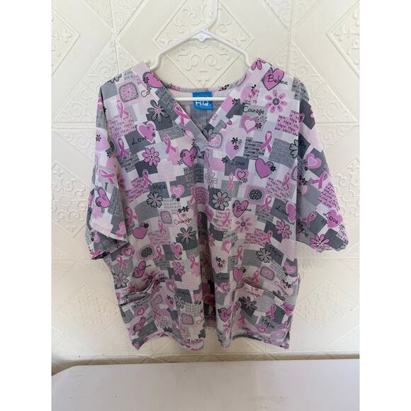 Scrub HQ 2 XL Scrub Top Cancer pinks short sleeve 28" pit to pit v-neck 3 pocket - Picture 9 of 10
